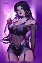 1girl absurdres bare_shoulders black_hair breasts garter_straps goth_fashion highres large_breasts long_hair looking_at_viewer lunart marvel marvel_rivals psylocke psylocke_(vengeance) purple_eyes shorts smile solo superhero_costume x-men
