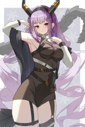 Rule 34 | 1girl, absurdres, arknights, bare shoulders, black hairband, breasts, commentary request, covered navel, detached sleeves, garter straps, hairband, highres, horn hairband, leotard, long hair, looking at viewer, purple eyes, purple hair, single garter strap, single thighhigh, solo, thigh strap, thighhighs, typhon (arknights), white sleeves, yuuki (fehr2487)