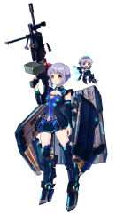 2girls :| armor blouse blue_boots blue_hair blue_shirt blue_shorts blue_sleeves boots closed_mouth detached_sleeves dual_persona expressionless fairy floating greaves gun high_heel_boots high_heels highres holding holding_gun holding_weapon idolmaster idolmaster_million_live! kamille_(vcx68) looking_at_viewer makabe_mizuki mecha_musume mini_person minigirl multiple_girls open_mouth rigging shirt short_hair short_shorts shorts simple_background sleeveless sleeveless_shirt smile standing thigh_boots weapon white_background yellow_eyes