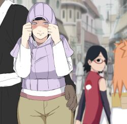 3girls akimichi_chouchou black_eyes black_hair blush boruto:_naruto_next_generations cheating_(relationship) hand_on_another&#039;s_hip hiding_face highres hood hood_up hooded_jacket hoodie hyuuga_hinata jacket long_hair mature_female multiple_girls naruto_(series) netorare orange_hair purple_hoodie purple_jacket red-framed_eyewear red_sweater short_hair sweater tagme torikku95 uchiha_sarada walking