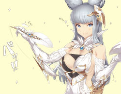 10s 1girl animal_ears blue_eyes breasts cleavage dress elbow_gloves erune female_focus gloves granblue_fantasy headpiece highres korwa large_breasts looking_at_viewer quill silver_hair simple_background skindentation smile solo sparkle white_dress white_gloves yellow_background yn_red
