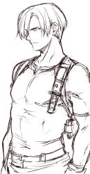 Rule 34 | 1boy, closed mouth, furrowed brow, gloves, greyscale, hair between eyes, harness, knife, leon s. kennedy, light smile, male focus, monochrome, parted bangs, resident evil, resident evil 4, shirt, short hair, short sleeves, sketch, solo, tight clothes, tight shirt, upper body, white background, yasunososaku