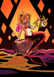 1girl arm_support arm_tattoo artist_name bikini blonde_hair blue_hair breasts dated dc_comics fish hair_over_one_eye harley_quinn highres long_hair mermaid mikemaihack monster_girl multicolored_hair navel pale_skin pink_hair shell shell_bikini sitting small_breasts solo swimsuit tattoo twintails water