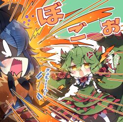 0_0 2girls absurdres anger_vein arzuros blue_hair blush commentary_request dress espinas fang flower green_dress green_hair highres long_sleeves milkpanda monster_hunter_(series) multiple_girls open_mouth pantyhose personification red_flower red_rose rose short_hair skin_fang translation_request wavy_mouth white_pantyhose yellow_eyes