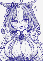 1girl absurdres animal_ears blue_theme breasts center_frills double_v frills gloves highres horse_ears large_breasts medium_hair meisho_doto_(umamusume) multicolored_hair shirt sketch solo two-tone_hair umamusume underbust upper_body v white_eyes_(20220506white) white_gloves white_shirt