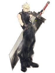 Rule 34 | 1boy, absurdres, armor, baggy pants, belt, black boots, black gloves, black pants, black shirt, blonde hair, boots, brown belt, buster sword, cloud strife, final fantasy, final fantasy vii, full body, gloves, hair between eyes, hand in pocket, highres, holding, holding sword, holding weapon, huge weapon, light smile, male focus, materia, mmariesr, pants, pauldrons, shirt, short hair, shoulder armor, single bare shoulder, single pauldron, sleeveless, sleeveless shirt, solo, spiked hair, standing, sword, weapon, white background