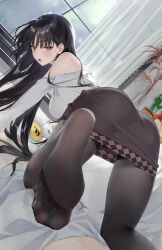 1girl absurdres black_hair blush cafe_stella_to_shinigami_no_chou feet hair_spread_out haku89 highres long_hair looking_at_viewer looking_back off_shoulder open_mouth pantyhose shiki_natsume soles toes yellow_eyes
