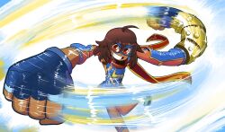 Rule 34 | 1girl, bracer, brown hair, commentary, dark-skinned female, dark skin, elasticity, fingerless gloves, gloves, highres, kamala khan, long scarf, marvel, marvel tokon: fighting souls, minionkingkarl, motion blur, motion lines, ms. marvel, oversized limbs, red eyes, red scarf, scarf, single bracer, smile, solo, speed lines, spinning, stretched limb, twisted torso