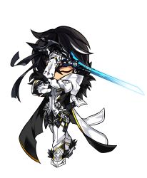 1boy absurdres armored_boots black_coat black_gloves black_hair black_ribbon black_shirt black_wings boots chibi coat covered_mouth dark-skinned_male dark_skin elsword feathered_wings fighting_stance game_cg gloves hair_between_eyes highres holding holding_sword holding_weapon hood hood_down hooded_coat hwansang long_hair male_focus mechanical_arms multicolored_hair official_art one_eye_covered open_clothes open_coat outstretched_hand pants raven_cronwell ribbon second-party_source shirt shoes single_mechanical_arm solo standing streaked_hair sword tachi-e torn_ribbon transparent_background two-sided_coat two-sided_fabric two-tone_gloves weapon white_coat white_gloves white_hair white_pants white_shoes winged_boots wings