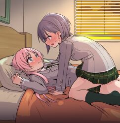 2girls asyura_kumo bang_dream! bang_dream!_it&#039;s_mygo!!!!! bed bedroom blue_eyes blush brown_eyes chihaya_anon closed_mouth commentary_request diagonal-striped_clothes diagonal-striped_necktie green_necktie green_socks grey_hair grey_jacket haneoka_school_uniform highres indoors jacket kneehighs long_hair long_sleeves multiple_girls necktie open_mouth pillow pink_hair plaid_clothes plaid_skirt pleated_skirt school_uniform short_hair skirt socks straddling striped_clothes sweatdrop takamatsu_tomori wavy_mouth window_blinds yuri
