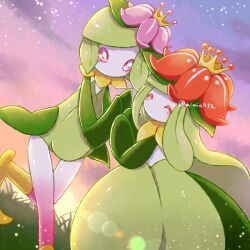aimi_(aimia492) animal_focus blush closed_eyes colored_skin flower gen_5_pokemon green_hair green_skin hair_flower hair_ornament hisuian_lilligant lilligant monster_girl multicolored_skin nintendo no_humans pink_eyes pink_flower plant_girl pokemon pokemon_(creature) pokemon_focus pokemon_legends:_arceus white_skin