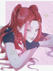 1girl black_gloves black_shirt commentary constellation fingerless_gloves gloves head_on_hand highres kpop_demon_hunters long_hair looking_at_viewer lying mira_(kpop_demon_hunters) nageutxx on_stomach pink_background red_hair red_lips shirt short_sleeves smile solo star_(symbol) symbol-only_commentary two_side_up yellow_eyes