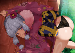 1girl absurdres agria_(new_year)_(tales) agria_(tales) ass black_panties blunt_bangs blush braid commission floral_print flower flower_pin freckles fur-trimmed_kimono fur_trim grass hair_flower hair_ornament highres japanese_clothes kimono lace lace-trimmed_panties lace_trim looking_back low-tied_sidelocks outdoors panties porch presenting presenting_ass purple_eyes red_kimono solo solo_focus tales_of_(series) tales_of_asteria tales_of_xillia underwear white_hair zd_(pixiv6210083)