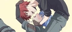 2boys :d akabane_karma ansatsu_kyoushitsu arm_up belt bent_back bent_over black_belt black_shirt blue_eyes blue_hair blush brown_gloves drinking_saliva drooling gloves grabbing_another&#039;s_chin green_pants hand_on_another&#039;s_chin hand_on_another&#039;s_head highres kbut_53 knees_up looking_at_another male_focus multiple_boys nose_blush open_mouth pants red_hair saliva scrape shiota_nagisa shirt shirt_under_shirt short_hair short_sleeves short_twintails sleeves_rolled_up smile tearing_up tongue tongue_out twintails twitter_username wide-eyed yaoi yellow_background yellow_eyes