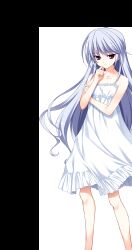 1girl absurdres bare_shoulders barefoot closed_mouth collarbone dress flat_chest full_body fumio_(ura_fmo) game_cg grey_hair grisaia_(series) grisaia_no_rakuen hand_on_own_chin highres kazami_kazuki long_hair looking_at_viewer non-web_source official_art red_eyes sleeveless sleeveless_dress smile solo sprite_art standing stroking_own_chin sundress swept_bangs tachi-e transparent_background variant_set very_long_hair white_dress