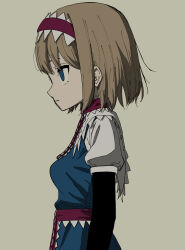 Rule 34 | 1girl, absurdres, alice margatroid, blonde hair, blue dress, blue eyes, dress, from side, hairband, highres, puffy short sleeves, puffy sleeves, short hair, short sleeves, touhou, uzou (uzooooooooo)