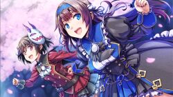 Rule 34 | 2girls, bell, black dress, black hair, blue eyes, breasts, cherry blossoms, cowboy shot, dress, gal guardians, gal gun (series), game screenshot, hair bell, hair ornament, highres, jacket, kamizono maya, kamizono shinobu, large breasts, long hair, mask, mask on head, multiple girls, non-web source, official art, open mouth, petals, purple eyes, red jacket, red skirt, short hair, siblings, sisters, skirt, smile, teeth, upper teeth only