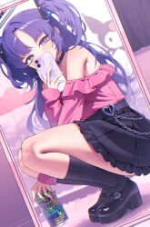 1girl absurdres alternate_costume beer_can black_choker black_shoes black_skirt black_socks blue_archive blush can cellphone choker commentary_request covered_mouth drink_can dutch_angle fingernails frilled_shirt frilled_skirt frills full-length_mirror halo highres holding holding_can holding_phone indoors jirai_kei kneehighs korean_commentary kuromi long_hair looking_at_viewer mary_janes mirror off-shoulder_shirt off_shoulder onegai_my_melody phone pink_shirt platform_shoes purple_eyes purple_hair reflection reflection_focus sanrio sbgu selfie shirt shoes skirt socks solo squatting strong_zero two_side_up very_long_hair yuuka_(blue_archive)