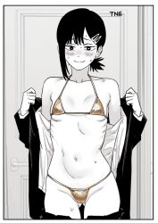 Rule 34 | 1girl, artist name, bikini, black jacket, blush, breasts, chainsaw man, closed mouth, commentary request, fujimoto tatsuki (style), gluteal fold, gold bikini, higashiyama kobeni, jacket, navel, ponytail, short ponytail, single sidelock, small breasts, smile, solo, spot color, sweat, swimsuit, tns