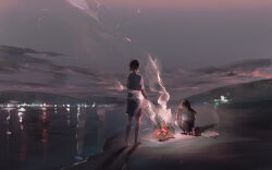 1boy 1girl absurdres adjusting_hair beach bucket campfire city_lights closed_eyes cloud dusk fire highres in_79 lake lighter original reflection reflective_water scenery shadow shirt shorts sky smoke squatting standing star_(sky) starry_sky water