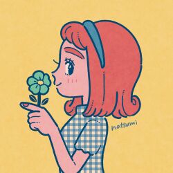 1girl artist_name blue_hairband blush checkered_clothes closed_mouth commentary_request eyelashes flower from_side green_flower hairband highres holding holding_flower medium_hair nail_polish natsumi_color orange_hair orange_nails original profile_picture short_sleeves simple_background smile solo thick_eyebrows upper_body variant_set yellow_background
