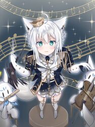 Rule 34 | 1girl, 2others, absurdres, ahoge, animal ear fluff, animal ears, aqua eyes, blush, boots, braid, breasts, cape, closed mouth, crown, double bun, earrings, epaulettes, fox ears, fox girl, fox shadow puppet, fox tail, fur-trimmed cape, fur trim, garter belt, gloves, green eyes, hair between eyes, hair bun, high heel boots, high heels, highres, holding, holding wand, hololive, jacket, jewelry, long hair, looking at viewer, looking up, maruihito304, mini crown, multiple others, musical note, musical staff, official alternate costume, official alternate hairstyle, outstretched arm, sheet music, shirakami fubuki, shirakami fubuki (fbkingdom), sidelocks, simple background, single braid, skirt, small breasts, smile, sukonbu (shirakami fubuki), tail, thigh boots, thighhighs, virtual youtuber, wand, white gloves, white hair, white jacket, white skirt, white thighhighs
