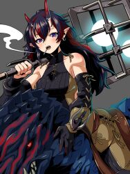 1girl black_gloves black_hair black_shirt blush breasts cigarette commentary_request demon_girl demon_horns dinosaur earrings elbow_gloves gloves gradient_horns grey_background hammer highres holding holding_hammer horns jewelry long_hair looking_at_viewer medium_breasts monster_hunter_(series) monster_hunter_wilds multicolored_hair multicolored_horns nanashi_inc. nantyu-a open_mouth pointy_ears purple_eyes red_hair red_horns ryugasaki_rene shirt simple_background skin-covered_horns sleeveless sleeveless_shirt smoking solo two-tone_hair upper_body virtual_youtuber