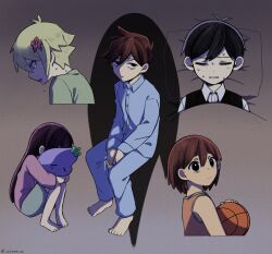 1girl 4boys aged_down alternate_costume alternate_eye_color antenna_hair aubrey_(faraway)_(omori) aubrey_(omori) ball barefoot basil_(faraway)_(omori) basil_(omori) basketball_(object) black_eyes black_sweater_vest blonde_hair blue_eyes brown_hair clenched_teeth collared_shirt crying crying_with_eyes_open dark-skinned_male dark_skin double-parted_bangs gradient_background green_shirt green_shorts head_on_pillow hero_(faraway)_(omori) hero_(omori) highres holding holding_ball holding_stuffed_toy kel_(faraway)_(omori) kel_(omori) long_hair long_sleeves looking_at_viewer mr._plantegg_(omori) multiple_boys nicome_02 omori pajamas parted_lips pillow pink_shirt shirt short_hair short_sleeves shorts simple_background something_(omori) stuffed_eggplant stuffed_toy sunny_(omori) sweat sweater_vest t-shirt tears teeth twitter_username white_shirt