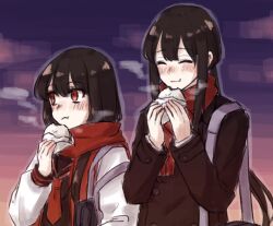 1boy 1girl :t bag black_hair black_sailor_collar black_serafuku breath brother_and_sister brown_coat center-flap_bangs closed_eyes coat contemporary eating fate/grand_order fate_(series) food hand_up hands_up holding holding_food jacket letterman_jacket long_hair low_ponytail neckerchief oda_nobukatsu_(fate) oda_nobunaga_(fate) oda_nobunaga_(koha-ace) ponytail raised_eyebrows red_eyes red_neckerchief red_scarf sailor_collar scarf school_uniform serafuku shoulder_bag siblings sidelocks steamed_bun sunset very_long_hair yzrh0
