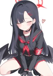 Rule 34 | 1girl, armband, black choker, black gloves, black hair, black sailor collar, black serafuku, black skirt, black socks, black wings, blue archive, blush, breasts, choker, closed eyes, closed mouth, collarbone, feathered wings, gloves, hair ornament, hairclip, halo, heart, highres, ichika (blue archive), long hair, long sleeves, low wings, neckerchief, peacem4ker, pleated skirt, red armband, red halo, red neckerchief, sailor collar, school uniform, serafuku, shirt, skirt, smile, socks, solo, sweat, very long hair, white background, wings