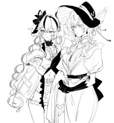 Rule 34 | 2girls, alternate costume, camellya (wuthering waves), character request, choker, dress, frilled choker, frills, gloves, hat, jacket, multiple girls, navel, sbs, short twintails, simple background, sketch, sun hat, twintails, white background, wuthering waves
