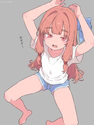 1girl barefoot blue_shorts dolphin_shorts feet highres kotonoha_akane loli pink_eyes pink_hair semicolonize shirt shorts solo talking thighs toes voiceroid white_shirt