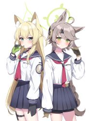 2girls absurdres animal_ears aqua_eyes black_gloves blonde_hair blue_archive blue_sailor_collar blue_skirt blush braid braided_ponytail brown_gloves closed_mouth commentary_request fox_ears fox_girl gloves green_eyes green_gloves green_halo grey_hair halo headset highres kurumi_(blue_archive) long_hair miniskirt multicolored_gloves multiple_girls murase48 neckerchief necktie otogi_(blue_archive) pleated_skirt red_neckerchief red_necktie sailor_collar sailor_shirt school_uniform serafuku shirt simple_background skirt very_long_hair white_background white_shirt