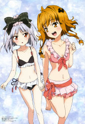 10s 2girls :d :o absurdres ahoge akari_(fantasista_doll) barefoot bikini bikini_skirt black_bikini blue_background blunt_bangs blush bow braid brown_hair clenched_hand fantasista_doll feet flat_chest frilled_bikini frills front-tie_top hair_bow hair_intakes heart highres holding_hands leg_lift legs light_particles lolita_fashion long_hair looking_at_viewer lowleg lowleg_bikini megami_magazine multiple_girls narrow_waist navel non-web_source official_art open_mouth orange_eyes orange_hair pink_bikini red_eyes running sash short_hair side-tie_bikini_bottom sidelocks silver_hair smile sparkle standing standing_on_one_leg swimsuit toda_mai twin_braids twintails uno_uzume walking wide_hips