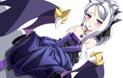 ahoge blue_archive breasts demon_girl demon_horns demon_wings dress earrings elbow_gloves evening_gown gloves highres hina_(blue_archive) hina_(dress)_(blue_archive) horns jewelry long_hair looking_at_viewer necklace pendant purple_dress purple_eyes purple_gloves simple_background sitting small_breasts totororo white_background white_hair wings