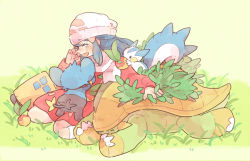 1girl ^_^ beanie berry_(pokemon) blue_hair closed_eyes coat dawn_(pokemon) fingernails gen_4_pokemon grass grotle hair_ornament hand_up hat katiko kneehighs leppa_berry long_hair long_sleeves nintendo open_mouth pachirisu pokemon pokemon_(creature) pokemon_dppt pokemon_platinum red_coat scarf shinx sitting smile socks tears wariza white_headwear white_scarf white_socks