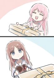 2girls bang_dream! bang_dream!_it&#039;s_mygo!!!!! blush box brown_hair chihaya_anon closed_eyes closed_mouth commentary fang heart-shaped_box highres long_hair lyy multiple_girls nagasaki_soyo open_mouth pink_hair shirt smile white_shirt yuri