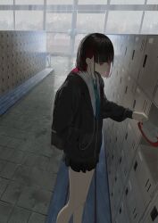 1girl 38_(sanjuuhachi) backpack bag black_bag black_hair black_hoodie black_skirt blunt_bangs closed_mouth colored_inner_hair commentary_request earphones expressionless feet_out_of_frame floor_tiles getabako glass_door green_necktie hand_in_pocket highres holding holding_shoes hood hood_down hoodie indoors long_sleeves medium_hair multicolored_hair multicolored_shoes nail_polish necktie original partially_unzipped rain red_hair red_nails red_shoes school shoes skirt solo two-tone_shoes umbrella_stand wet wet_hair white_shoes window