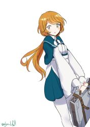 Rule 34 | 1girl, absurdres, blue capelet, brown eyes, capelet, dress, feet out of frame, highres, kantai collection, looking at viewer, low ponytail, one-hour drawing challenge, ootomari (kancolle), orange hair, pantyhose, ponytail, robinson (day l full), simple background, solo, suitcase, white background, white dress, white pantyhose
