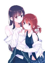 2girls black_hair black_one-piece_swimsuit blue_skirt blush bra breasts brown_eyes cleavage closed_mouth clothes_lift hand_in_another&#039;s_hair ll_446 looking_at_viewer medium_hair multiple_girls one-piece_swimsuit original pleated_skirt red_hair school_swimsuit shirt simple_background skirt skirt_lift smile swimsuit underwear white_background white_bra white_shirt yuri
