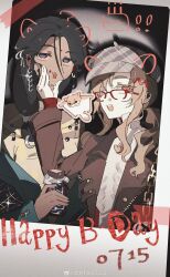 Rule 34 | 2girls, :d, absurdres, black hair, blue coat, brown eyes, brown hair, brown jacket, newsboy cap, candy, chocolate, chocolate bar, coat, dark-skinned female, dark skin, dated, drawn ears, fake photograph, flying squirrel, food, glasses, grey hat, hand on another&#039;s cheek, hand on another&#039;s face, happy birthday, hat, highres, hl (iamawhitehippo), jacket, kaalaa baunaa, long hair, looking at viewer, melania (reverse:1999), multiple girls, open mouth, ponytail, purple eyes, red-framed eyewear, reverse:1999, shadow, shirt, smile, snickers (brand), squirrel, sweater, upper body, watermark, weibo watermark, white sweater, yellow shirt