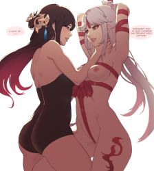2girls arms_up asphyxiation bdsm beidou_(genshin_impact) between_labia black_hair bloopiest blush bondage bound bound_arms breasts crotch_strap english_text eye_contact female_focus femdom genshin_impact highres leg_tattoo leotard looking_at_another multiple_girls naked_ribbon ningguang_(genshin_impact) nipples ribbon simple_background smile speech_bubble strangling strapless strapless_leotard tattoo white_hair yuri zipper zipper_pull_tab