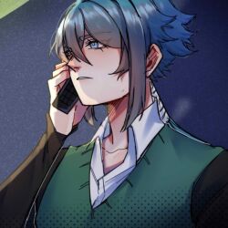 1boy aqua_hair black_long_sleeve_shirt black_slacks blue_eyes gloves green_sweater-vest hyugo_sugimoto_(the_kid_at_the_back) long_rat_tail looking_at_viewer middle_strand optional_gloves oval_face shaggy_hair short_hair side_bangs smile solo the_kid_at_the_back thin_lips university_uniform white_button_up yandere_visual_novel