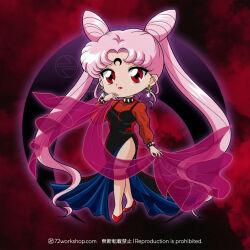 1girl 72workshop aged_up bishoujo_senshi_sailor_moon black_dress black_lady_(sailor_moon) breasts chibi chibi_usa cleavage cone_hair_bun corruption crescent crescent_facial_mark crystal_earrings dark_persona double_bun dress earrings facial_mark forehead_mark hair_bun highres jewelry long_hair looking_at_viewer makeup multiple_girls pink_hair red_eyes red_lips see-through_clothes solo twintails very_long_hair