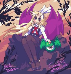 artist_name bat_wings black_pantyhose black_shoes blonde_hair bow comet_summoner98 frills hair_bow hair_ribbon hat kurumi_(touhou) long_hair long_sleeves pantyhose pixel_art ribbon rock shirt shoes short_hair sitting skirt smile suspenders touhou touhou_(pc-98) wings yellow_eyes