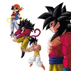 1girl bandana belt black_eyes black_gloves black_hair body_fur carddass dark-skinned_male dark_skin dougi dragon_ball dragon_ball_gt fingerless_gloves gloves grandfather_and_granddaughter highres long_hair metamoran_vest mohawk monkey_boy monkey_tail multiple_boys muscular muscular_male navel official_art open_mouth orange_bandana pan_(dragon_ball) pants pectorals red_fur red_shirt saiyan shirt short_hair simple_background son_goku spiked_hair super_saiyan super_uub tail teeth uub wristband