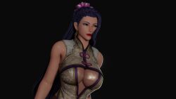 1girl absurdres blue_hair bouquetman braid breasts cleavage_cutout clothing_cutout curvy dress earrings flower hair_flower hair_ornament highres jewelry large_breasts luong mole mole_under_eye pale_skin purple_eyes shiny_clothes shiny_skin smile the_king_of_fighters the_king_of_fighters_xv
