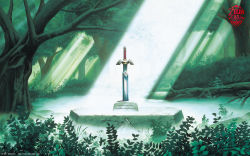 forest highres light_rays master_sword nature nintendo no_humans official_art official_wallpaper pedestal planted planted_sword planted_weapon scenery sunbeam sunlight sword the_legend_of_zelda the_legend_of_zelda:_a_link_to_the_past tree weapon weapon_focus