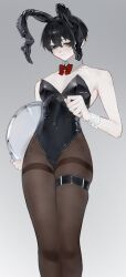 1boy absurdres animal_ears black_eyes black_hair bow bowtie bracelet cleavage_cutout clothing_cutout double-parted_bangs drooping_headgear hair_between_eyes hand_up highres holding holding_mirror jewelry leg_belt limbus_company looking_at_viewer male_focus male_playboy_bunny mirror pantyhose project_moon rabbit_ears red_bow red_bowtie skin_tight snn_shq solo yi_sang_(project_moon)