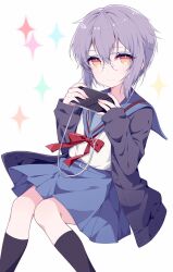 Rule 34 | 1girl, aka kan, bad id, bad pixiv id, black socks, blue sailor collar, blue skirt, brown cardigan, brown eyes, cardigan, cellphone, closed mouth, earphones, highres, holding, holding phone, kita high school uniform, kneehighs, long sleeves, nagato yuki, nagato yuki-chan no shoushitsu, open cardigan, open clothes, phone, purple hair, red ribbon, ribbon, sailor collar, school uniform, serafuku, short hair, skirt, smartphone, smile, socks, solo, sparkle background, suzumiya haruhi no shoushitsu, suzumiya haruhi no yuuutsu, white background, winter uniform